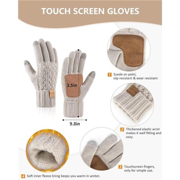 Womens Beanie Hat Scarf Gloves Set, Fleece Lined Winter Hat with Pom Pom, Long - Picture 3 of 6